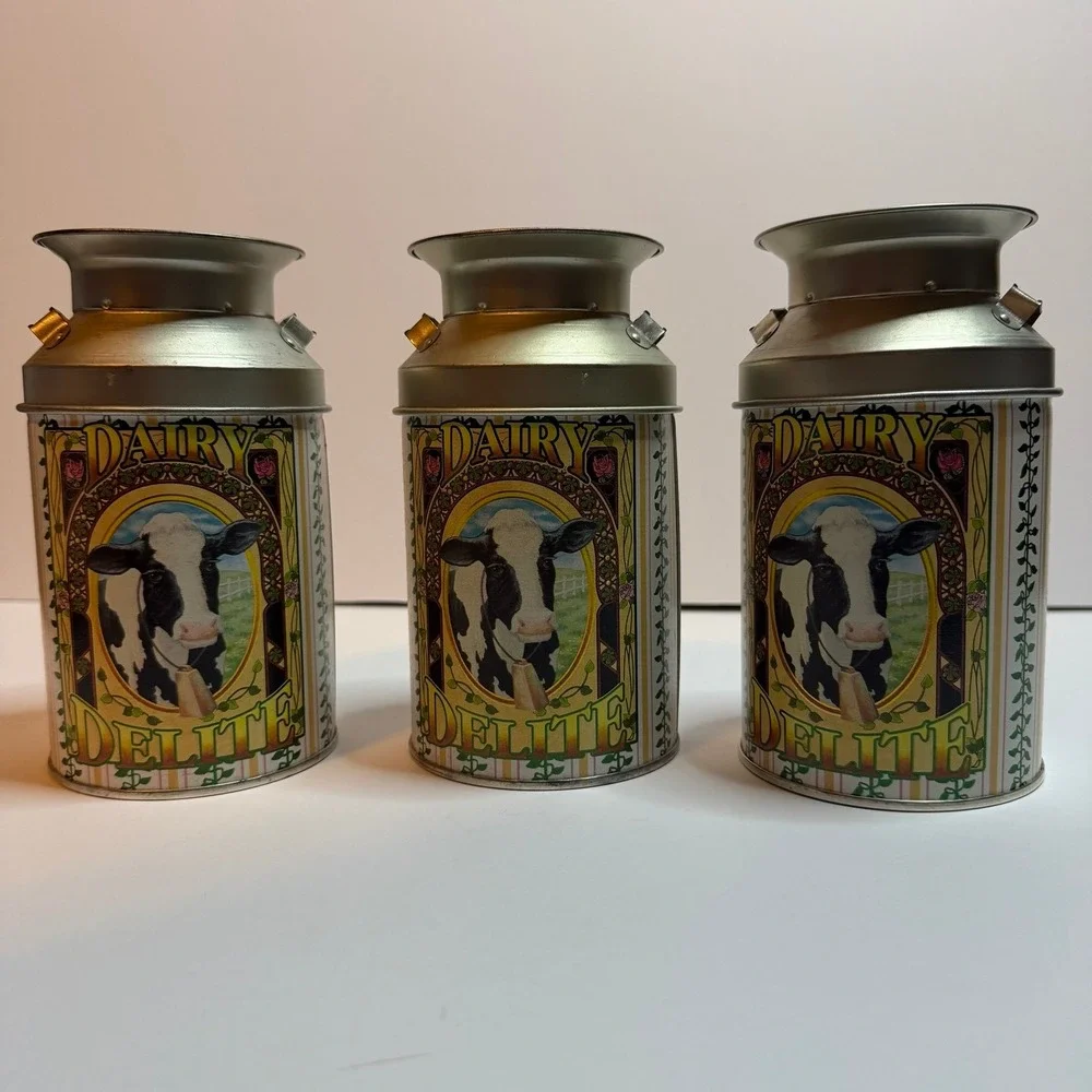 Vintage Dairy Delite Milk Can Tin Canisters Cow Farmhouse Cottagecore Set of 3